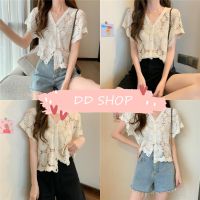 DD SHOPพร้อมส่ง 19996 เสื้อถักไหมพรมแขนสั้น ลายดอกไม่ฉลุเซ็กซี่สไตล์ โคเรียค