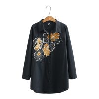 [มีไซส์ใหญ่]Plus Size White Black Floral Embroidery Long Sleeved Tops Womens Vintage Blouse Muslim Blusas9112