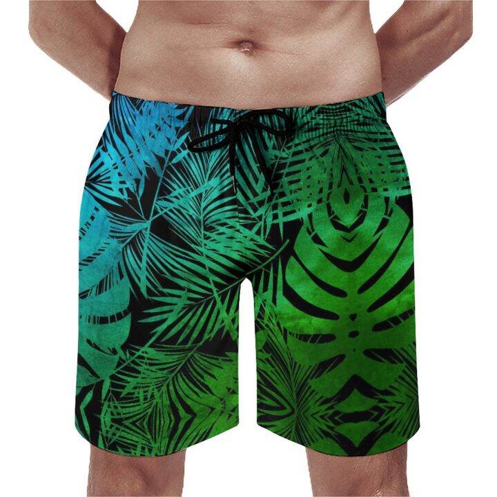 palm-leaf-print-board-shorts-green-ombre-tropical-quality-beach-pants-elastic-waist-large-size-กางเกงว่ายน้ำผู้ชาย