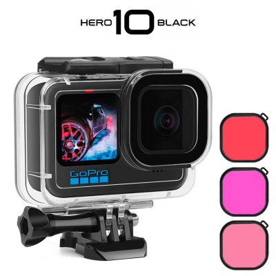 เคสกันน้ำสำหรับ GoPro Hero 10 9สีดำ,ชุดป้องกันใต้น้ำและดำน้ำได้ลึก60ม. ตัวกรองสีแดงสีม่วงสีชมพูชุด3แพ็ก