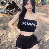 Zhu Xia เสื้อปักลายตัวอักษรสไตล์ Y2K,เสื้อปักส่วนบนเสื้อสไตล์เกาหลี Cewek Seksi ส่วนบนเสื้อเสื้อผ้าชั้นนอกถักเข้ารูปพอดี