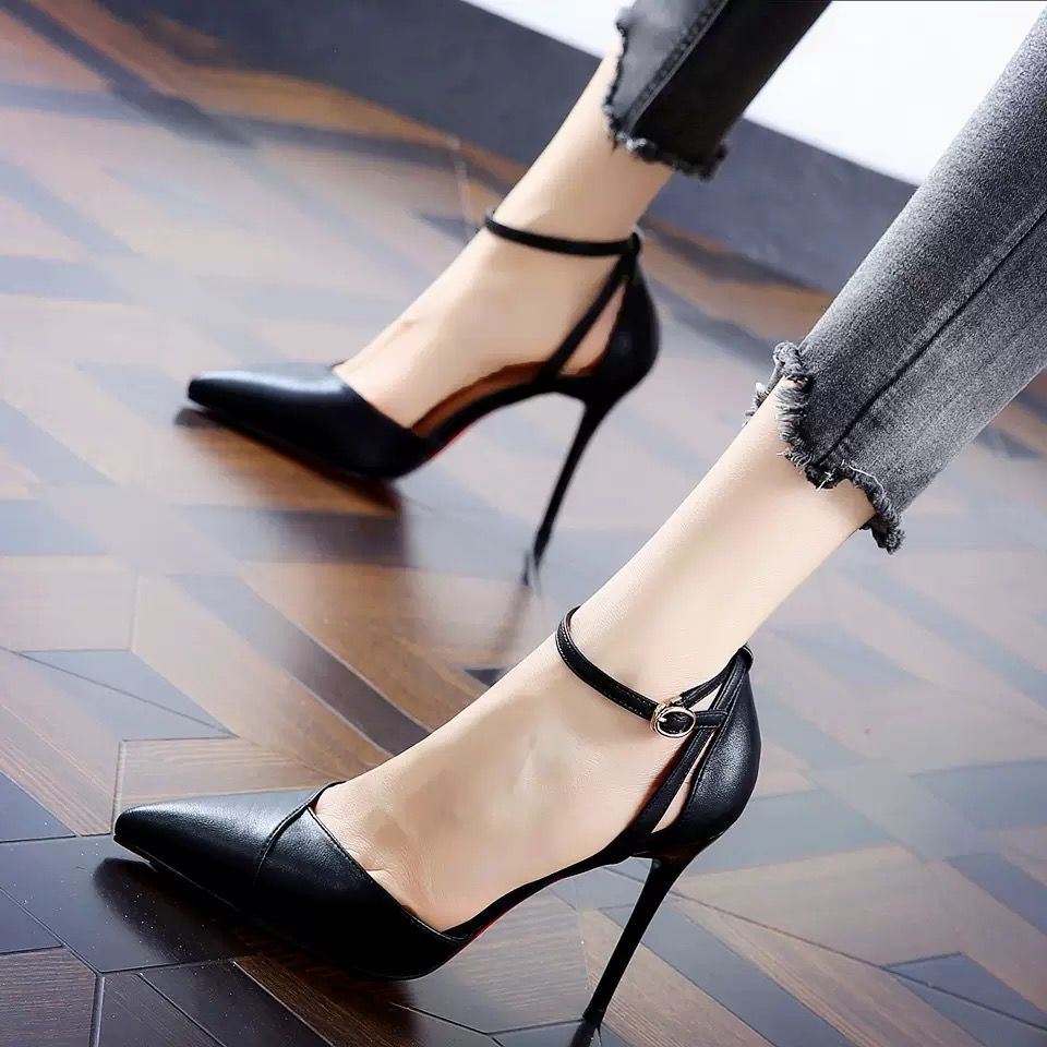 Fashion Women Leather Ankle Strap High Heels Classical Pointy Toe Stilettos Shoe 