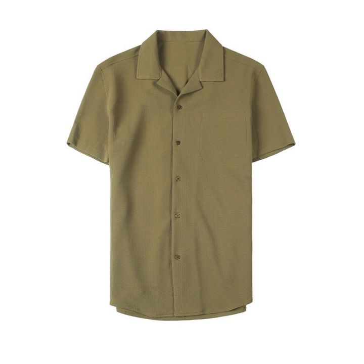 สีเขียววาฟเฟิลเสื้อคอปกคิวบาสำหรับผู้ชายฤดูร้อนแขนสั้นระบายอากาศ-guayabera-สไตล์เกาหลีธุรกิจเสื้อเชิ้ต2xl