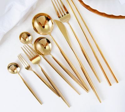 [COD] Portuguese style 304 mirror gold western food knife and fork spoon tableware steak dessert coffee chopsticks