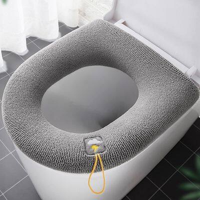 ♤ Winter Warm Toilet Seat Cover With Handle Washable Closestool Mat Universal Bathroom Knitting Pure Color Soft O-shape Pad Cover