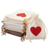 24PcsSet Heart Printed Jute Burlap Bags Packing Drawstring Pouches For Favor Candy Present Jewelry Making Packaging Display