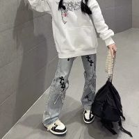 ‘；’ Streetwear Ladies Jeans High Waist Gothic Jeans Pants For Women Baggy Cross Stitch Wide Leg Pants Harajuku Denim