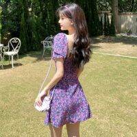 fgjre335 ขายดีที่สุด - / ชุดผู้หญิงวันหยุดหวานอินเทรนด์ฤดูร้อน Femme A-Line Sundress Backless Design เกาหลีดอกไม้สีม่วงพัฟแขนสุภาพสตรี Vestidos