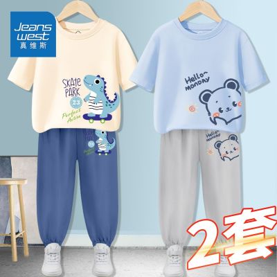 【Ready】🌈 Jeanswest Boys Sports Suit Boys Big Kids Clothing Handsome Short-sleeved Two-Piece Set Childrens Summer Top Trendy Clothes