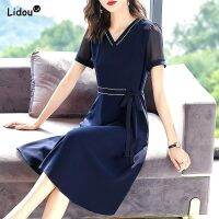 【YF】 Womens Clothing Chiffon Pullover Office Lady V-Neck Mid-calf Solid Empire Belt Dresses Summer New Trend Lightly Cookedlightly