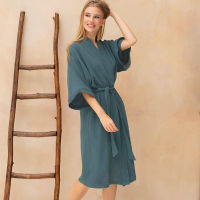 Rese Loose Women Robes With Sashes Gray Half Sleeve Midi Home Robe Green Female Casual Bathrobe Solid Nightwear Autumn 2021