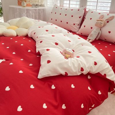 เครื่องนอนหัวใจสีแดงปลอกหมอนผ้าห่มลายการ์ตูนเด็กผ้าปูเตียงผ้าลินินคู่ขนาดใหญ่3/4ชิ้นสิ่งทอใช้ในบ้าน