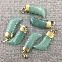 MY0183 Green Crystal Quartz Aventurine Horn Tusk Pendant with Pure Gold Color Cap and Bail for Jewelry Making