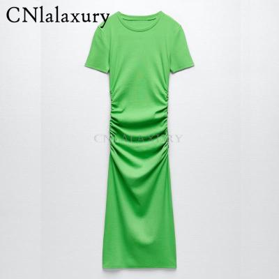 Summer New Green Women Bodycon Long Dress O-Neck Fashion Folds Slit Short Sleeve Sweety Lady Straight y Party Dresses