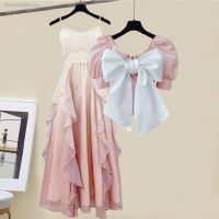 Plus size womens summer suit 2023 new French style top waist slimming suspender skirt two-piece trendy set