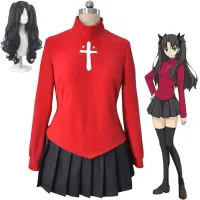 Fate Stay Night Tohsaka Rin ชุดคอสเพลย์ผู้หญิงยาววิกผมสีแดงสีดำกระโปรงชุดผู้หญิง Baju Karnaval Role Play ฮาโลวีนชุด