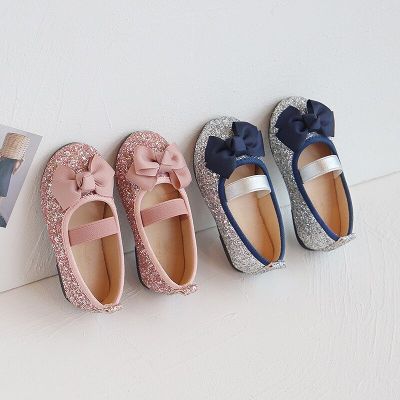 Toddlers Girls Shoes Glitter Leather Flats For Little Kids Childrens Dress Shoes Bow-knot Princess Sweet Loafers Soft For Dance