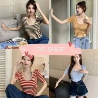 DD SHOPพร้อมส่ง 83080-1 เสื้อไหมพรมคอปก แขนสั้น คอกว้าง ดีเทลลายทางมีกระเป๋าหน้า