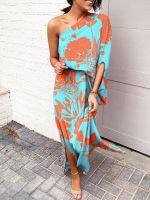 ♦♨ 2022 Summer Dresses For Women New One Shoulder Split Hem Plants Print Dress De Mujer Casual Boho Maxi Robe Femme Vestido Forma