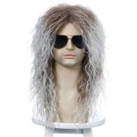 Men Long Curly Synthetic Wigs For Mens Cosplay Wig Mixed Male Curly Hair Heat Resistant Vintage Rock Show Wig Actor Props