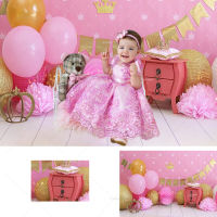 Gold Crown Princess Girl 1st Birthday Cake Smash Photography Background Pink Paper Flower Balloon Decoration Backdrop PhotoBooth