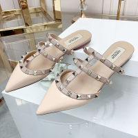 【high quality】original Valentinoˉ 2022 classic rivet two with pointed toe flat bottom leather Liuding half sandals womens summer new style womens shoes slippers for women slides outside wear sandals for women