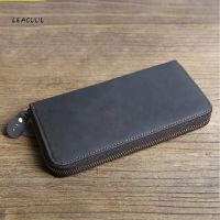 LEACOOL Vintage Crazy Horse Leather Long Wallet Men Women Simple Zip Purse For Cell Phone Card Holder Cash Double Interlayer