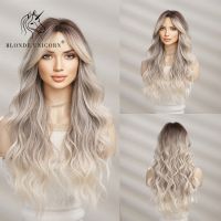 ๑ Blonde Unicorn Mixed Brown Blonde Synthetic Wig Long Wavy Wigs with Bangs Daily Cosplay Party Use Heat Resistant Fiber for Women