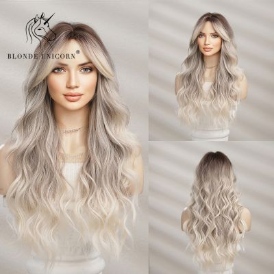 【jw】●♟ Blonde Unicorn Mixed Synthetic Wig Wavy Wigs with Bangs Use Resistant for
