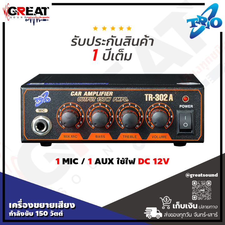 trio-tr-302-a-เครื่องขยายเสียงกำลังขับ-150-วัตต์-ใช้ระบบไฟ-dc-12v-รับประกันสินค้า-1-ปีเต็ม