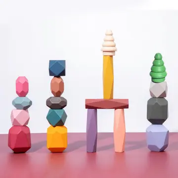 16PCs Stacking Rocks Wooden Stacking Toys Balancing Stacking Stones Wooden  Stone Stacking Game for Toddler Wood Sorting Montessori Stacking Rocks for