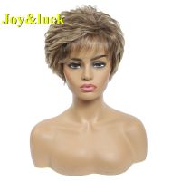 ❈ Joy luck Short Wig Brown Mix Blonde Color Curly Synthetic Wigs For Women Full Wigs With Bangs Hiar Wigs