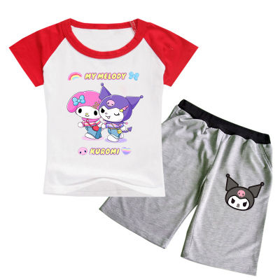 Kuromi My Melody 2023กางเกงถักลายการ์ตูน/อะนิเมะใหม่พิมพ์ลายชุดเซ็ตเสื้อยืดแฟชั่นผ้าคอตตอนเสื้อแขนสั้นเด็ก0000