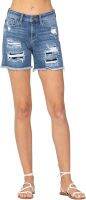 Judy Blue Denim Patch Mid-Rise Patch Cut Off Shorts! Your New Soft and Stretchy Summer Shorts! (Style: 15206) (S)