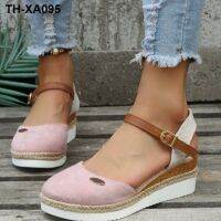 ?✸❆卐 Large size color-blocking Baotou back empty sandals wedge heel light hemp braided buckle womens shoes thick-soled