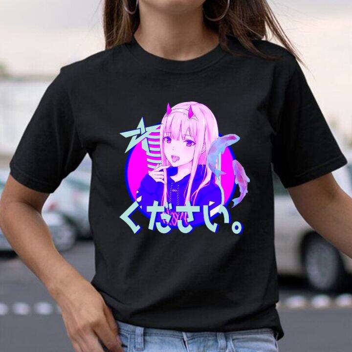 เสื้อยืดคอกลมแขนลำลองขาสั้นพิมพ์ลายอนิเมะญี่ปุ่น-darling-in-the-franxx-zero-two-เสื้อยืดแฟชั่นผ้าคอตตอน100