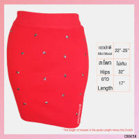 USED - Red Skull Studded Bodycon Skirt | กระโปรงสั้นสีแดง เอวปกติ กระโปรงรัดรูป ตอกหมุด กะโหลก ทรงเอ สีพื้น สายฝอ มือสอง