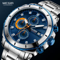 MEGIR Mens Blue Dial Chronograph Quartz Watches Fashion Stainless Steel ogue Wristwatches for Man Luminous Hands 2075G-2