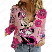 2023 Fashion New Hot Selling Disney Mickey Mouse 3D Oil Painting Printed Womens Long Sleeve Shirt Elegant Street Chiffon Shirt