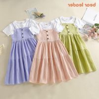 COD SDFGERGERTER Bear Leader Girls Dresses 5-13 Years Old Teenagers Summer Solid Colour Fake Two Piece Short Sleeve Dress