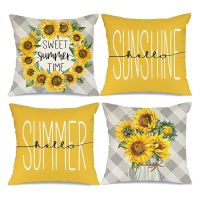 Summer Pillow Covers 18X18 Set of 4 Summer Decorations Farmhouse Throw Pillows Buffalo Plaid Cushion Case for Couch