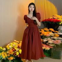 COD DSFGRDGHHHHH Retro Waist Slimming Square Collar Dress Female Summer New Puff Sleeve V-neck Dress