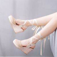 ℡❁ Crystal Queen Womens Summer High Heels Platform Wedge Sandals Ankle Buckle Strap Closed Toe Rubber Lace-up Pumps