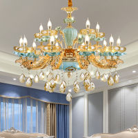 E14 Crystal Ceramic Retro Chandelier European Style Lamp For Living Room Bedroom Model Room Villa Duplex Floor Hanging Light