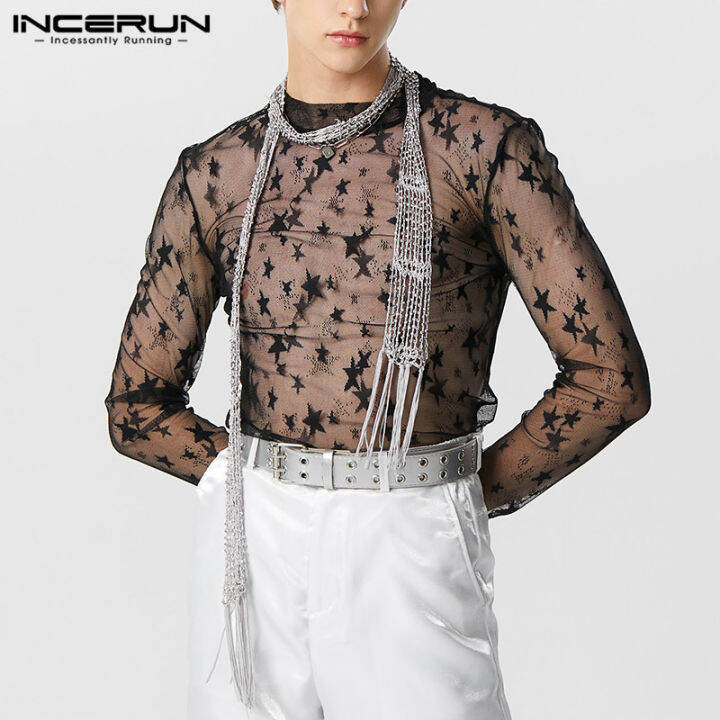 incerun-เสื้อยืดแขนยาวสำหรับผู้ชายตาข่ายซีทรูยืดหยุ่นทรงสกินนี่มีสไตล์สำหรับกางเกงพิมพ์รูปดาว-สไตล์ตะวันตก