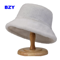 BZY Topi Bucket ผ้ากำมะหยี่ขนปุยผู้หญิงขนเทียมสีพื้นอบอุ่นหมวกชาวประมงฤดูหนาว