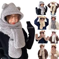 {Warm scarf}3 In 1ผู้หญิงฤดูหนาวผ้าพันคออบอุ่นนุ่มหนา Snood กระเป๋าหมวกถุงมือแฟชั่น Hooded Srarves หมวกถุงมือ