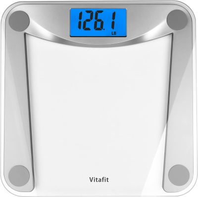 Vitafit Digital Bathroom Scale for Body Weight,Weighing Professional Since 2001,Extra Large Blue Backlit LCD and Step-On, Batteries Included, 400lb/180kg,Clear Glass,Silver Digital Silver