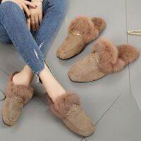 New Women Spring Plush Slippers Square Toe Real Rabbit Fur Flip Flops Fuzzy Slippers Mules Slipper Suede Slides Loafer P115