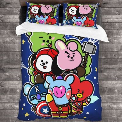 3 IN 1 BTS BT21 3ชิ้นชุดผ้าปูที่นอน3D พิมพ์ลายการ์ตูนปกที่ช่วยปลอบโยนนุ่มสบายชุดผ้านวม + ปลอกหมอน2ใบ